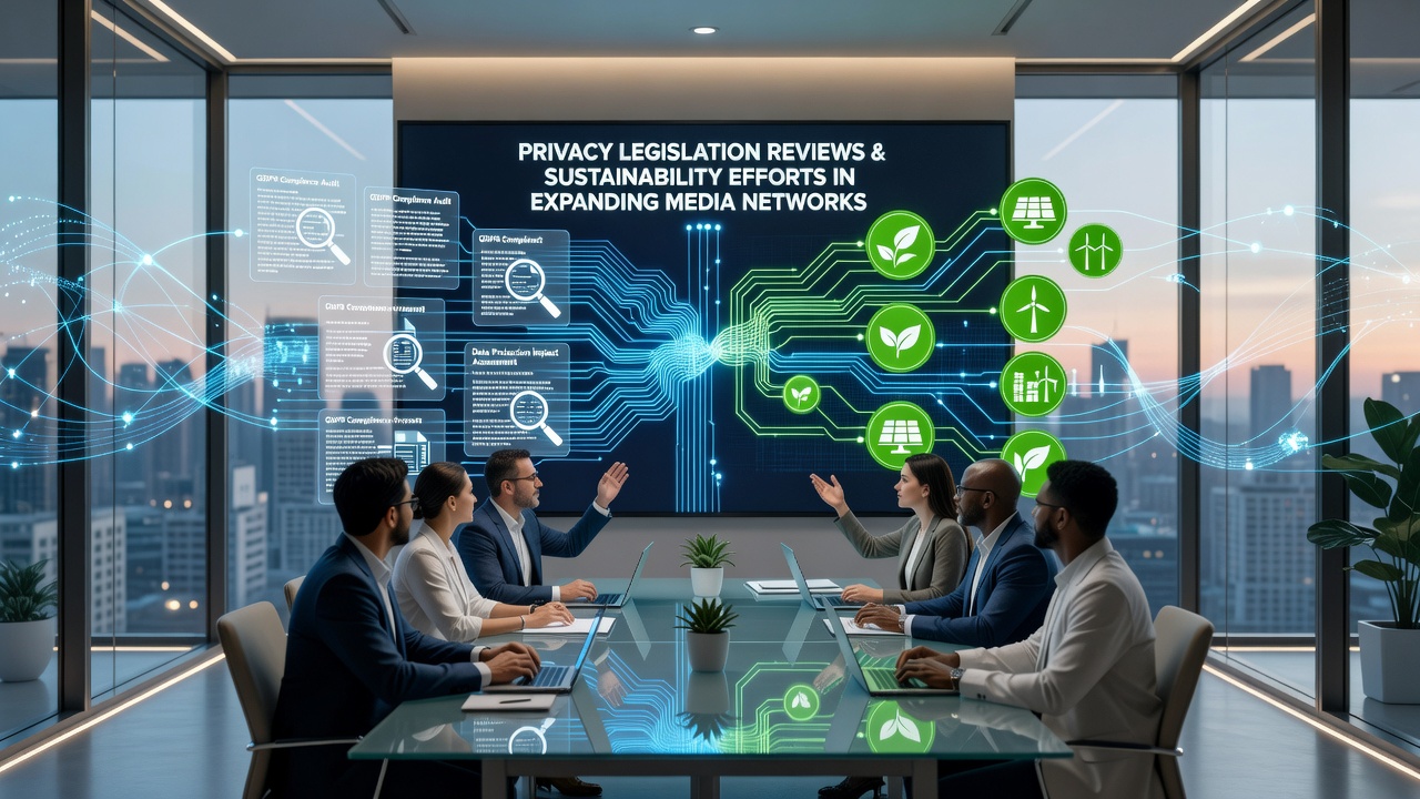 Cross-functional teams reviewing privacy updates alongside renewable energy contracts for media server farms